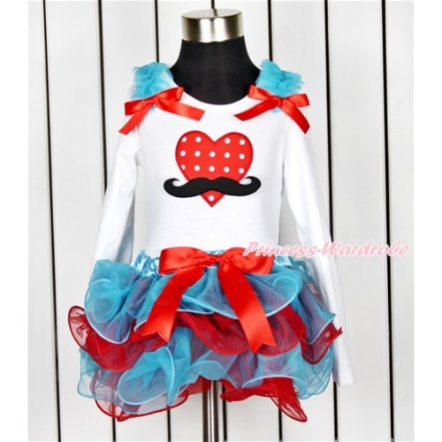 Valentine's Day White Baby Long Sleeves Top with Peacock Blue Ruffles & Red Bow & Mustache Red White Dots Heart Print with Red Bow Peacock Blue Red Petal Baby Pettiskirt NQ09 